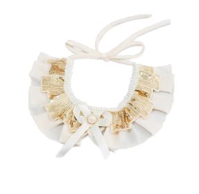 Adjustable Elegant White Pleated Fabric Pet Collar With Gold Accents