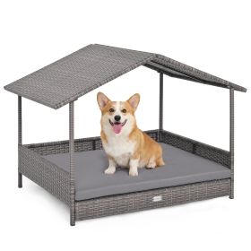 Elevated PE Rattan Wicker Dog House With Cushioned Dog Bed